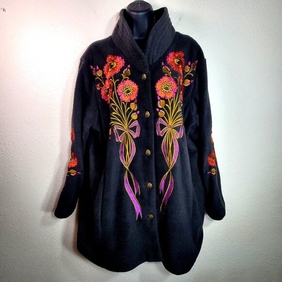 Bob Mackie Wearable Art Black Floral Embroidered Button-Up Soft Fluffy Coat 1X - Picture 6 of 11